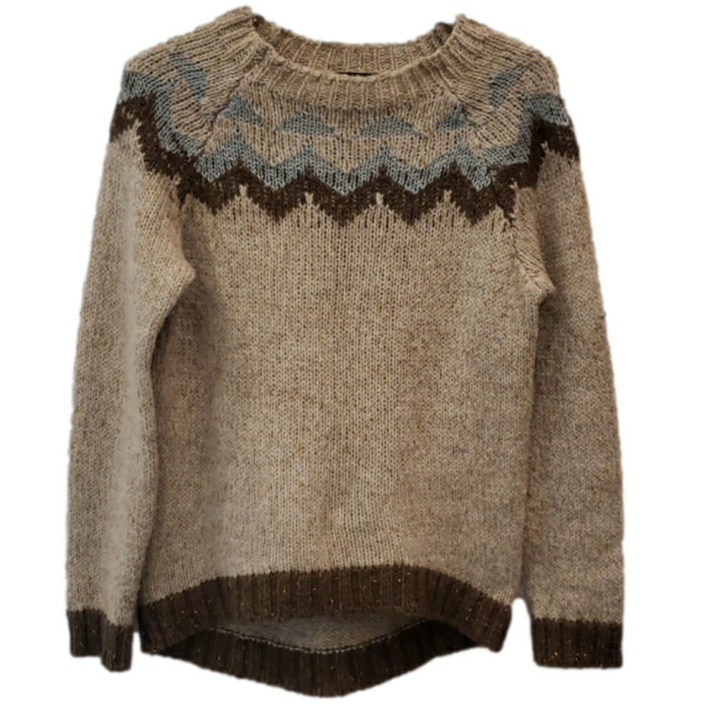 Mary Sweater Wool/Alpaca Blend Winter Beige Brown Blue Chevrons on Sleev…